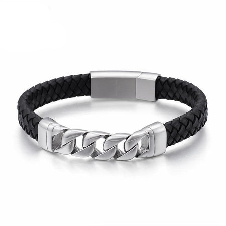 Bracelet homme cuir noir tressé et maille gourmette argentée aux contrastes audacieux