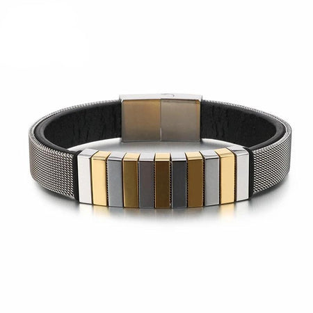 Bracelet homme cuir noir et plaques métalliques alternées argenté doré anthracite avec fermoir rectangulaire