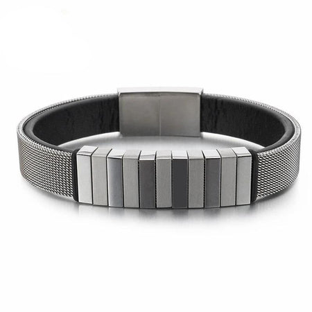 Bracelet homme cuir noir et plaques métalliques alternées argenté anthracite avec fermoir rectangulaire