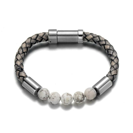 Bracelet cuir et perles homme tressé gris patiné perles marbrées fermoir métallique