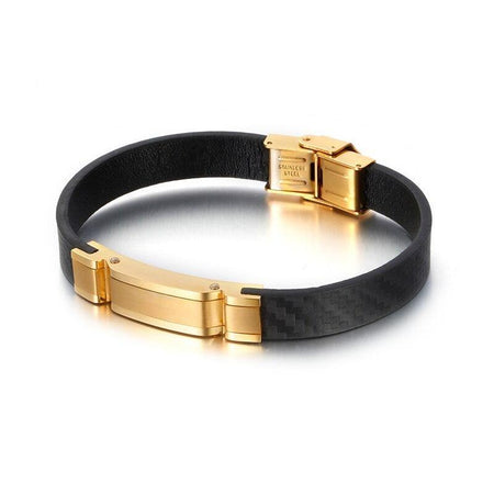 Bracelet cuir noir texturé avec plaque dorée rectangulaire et fermoir clip gravé pour homme moderne