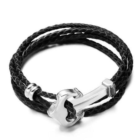 Bracelet cuir tressé noir homme avec ancre métallique marine style nautique raffiné
