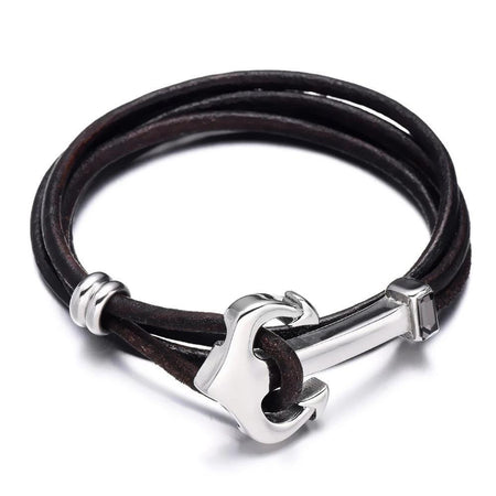 Bracelet cuir noir homme avec ancre métallique marine style nautique vintage
