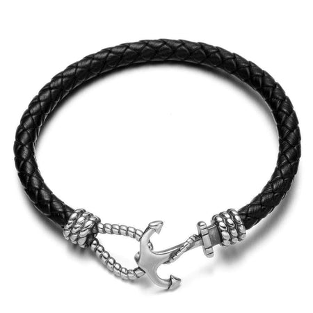 Bracelet cuir noir tressé homme avec fermoir ancre marine en métal argenté style maritime