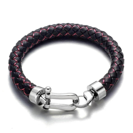 Bracelet cuir tressé noir et rouge homme avec embouts métalliques argentés et fermoir mousqueton artisanal
