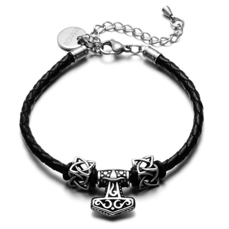 Bracelet cuir tressé noir homme avec pendentif marteau Thor et nœuds celtiques argentés