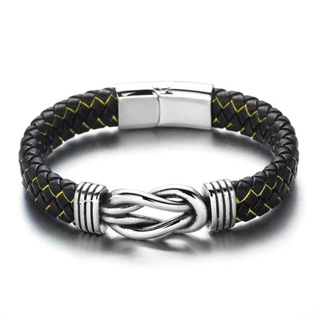 Bracelet homme cuir tressé noir avec symbole infini acier et coutures jaunes contrastées