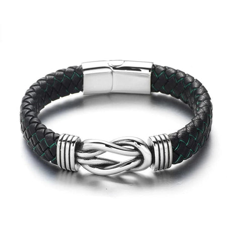 Bracelet cuir noir tressé avec symbole infini en acier argenté et surpiqûres vertes