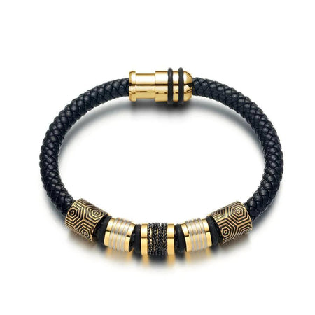 Bracelet cuir tressé noir avec éléments cylindriques dorés gravés et fermoir magnétique pour homme