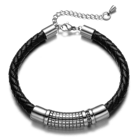 Bracelet cuir tressé noir avec cylindre acier gravé motifs industriels pour homme réglable