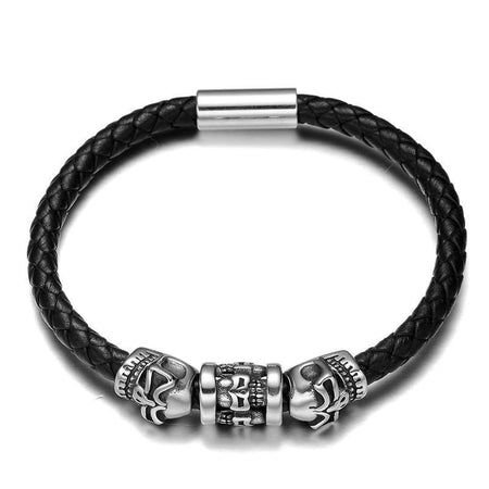 Bracelet cuir tressé noir avec perles acier sculptées têtes de mort style rock masculin