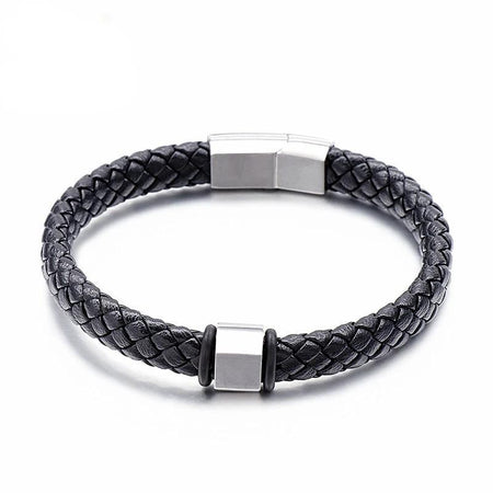 Bracelet cuir tressé noir homme avec détails acier argenté et fermoir aimanté discret
