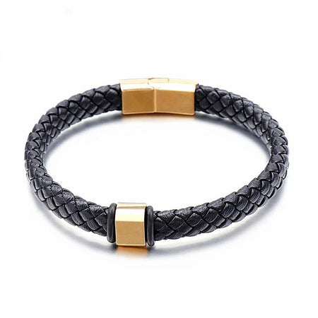 Bracelet cuir tressé noir homme avec détails acier doré et fermoir aimanté discret