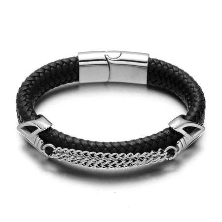 Bracelet homme cuir noir tressé avec chaîne métallique argentée et fermoir magnétique moderne