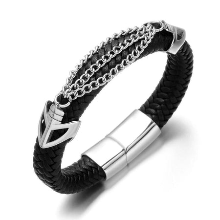 Bracelet cuir noir tressé homme avec chaîne acier inoxydable et attaches triangulaires métalliques