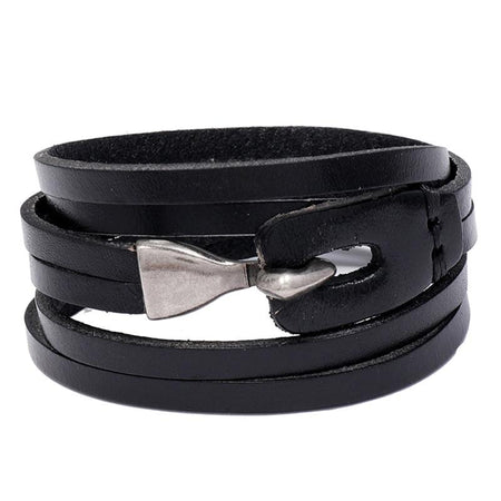Bracelet cuir plat homme multi-tour noir avec fermoir métallique crochet et couture artisanale noir