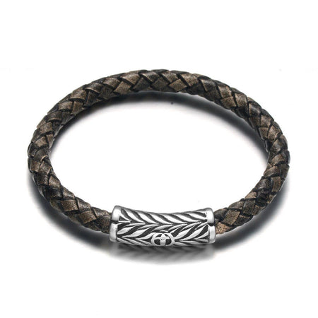 Bracelet cuir tressé brun homme avec cylindre acier argenté gravé motifs végétaux