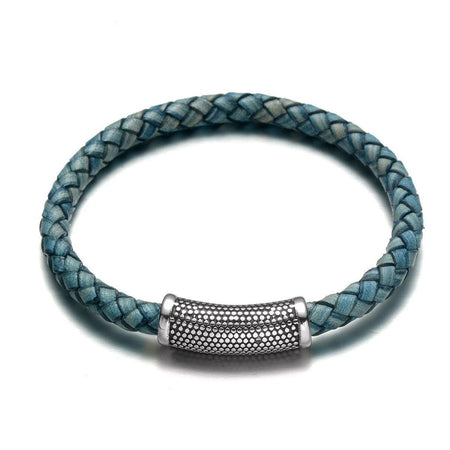 Bracelet cuir tressé bleu homme fermoir acier argenté gravé motifs organiques