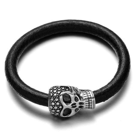 Bracelet cuir noir tête de mort acier argenté style rebelle masculin