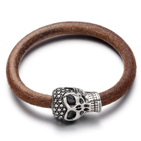 Bracelet cuir brun cordon épais avec tête de mort acier argenté gravée aux détails saisissants pour homme