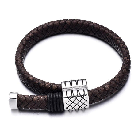 Bracelet homme cuir tressé brun avec fermoir acier argenté à motif quadrillé gravé
