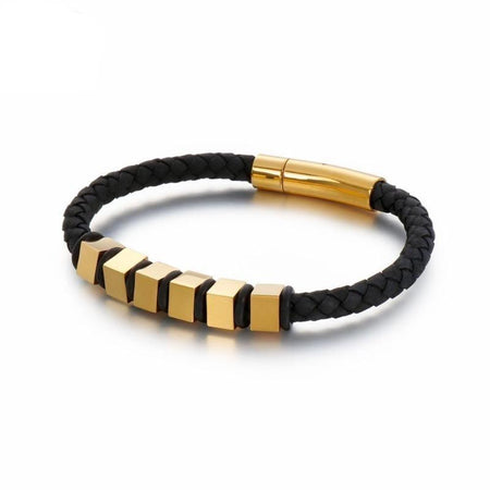 Bracelet cuir tressé noir homme avec rectangles dorés et fermoir cylindrique métallique