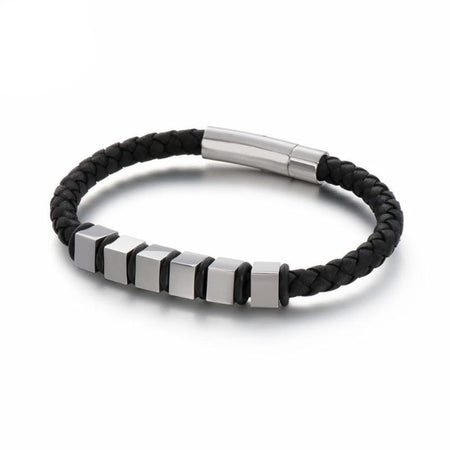 Bracelet cuir tressé noir homme avec rectangles argentés et fermoir cylindrique métallique