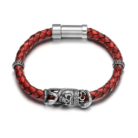 Bracelet cuir rouge tressé homme avec pièce centrale gravée de motifs en serpent et tête de mort en acier