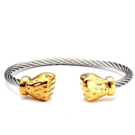 Bracelet en acier inoxydable pour homme jonc tressé embouts poings fermés dorés