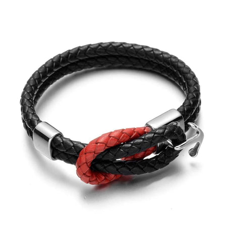 Bracelet cuir tressé noir et rouge avec ancre argentée, fermoir style marin masculin