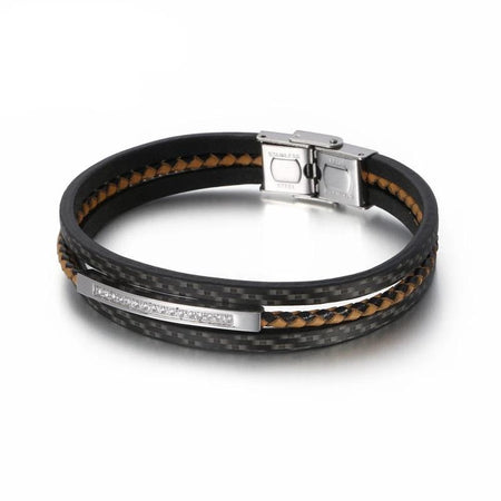 Bracelet cuir homme multicouche tressé noir marron avec élément central acier cristaux