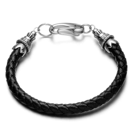 Bracelet cuir noir tressé homme avec embouts acier gravés motifs gothiques et fermoir mousqueton