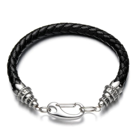 Bracelet cuir noir homme tressé embouts acier gravés fermoir mousqueton