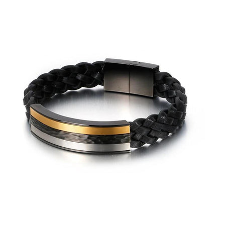 Bracelet cuir tressé homme noir avec plaque métallique tricolore et fermoir acier