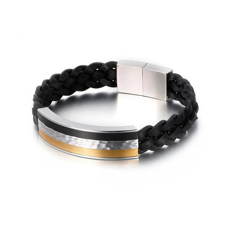Bracelet cuir tressé noir homme avec plaque acier trois finitions dorée argentée mate