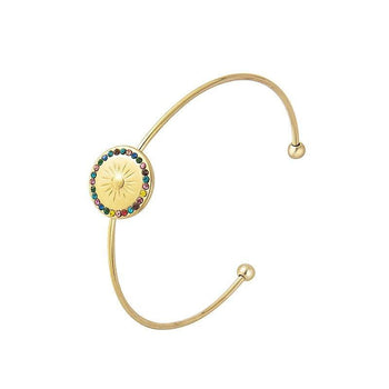 Bracelet fantaisie femme jonc doré avec motif solaire gravé et pierres multicolores incrustées