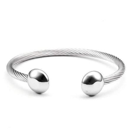 Bracelet homme acier 316l argenté jonc ouvert câble torsadé embouts polis demi-sphères