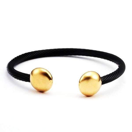 Bracelet homme acier 316l noir jonc ouvert câble torsadé embouts polis demi-sphères dorées