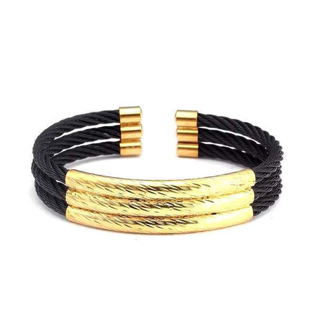 Bracelet homme acier bicolore câbles noirs torsadés barres dorées texturées