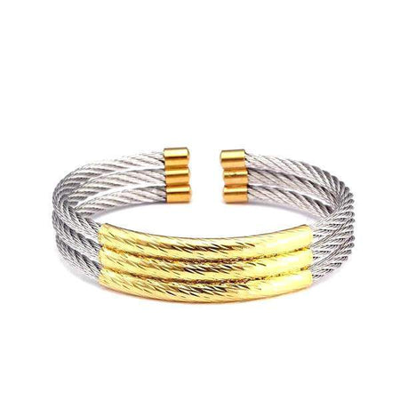 Bracelet homme acier bicolore câbles argentés torsadés barres dorées texturées