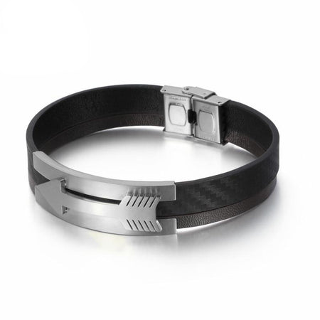 Bracelet homme double lanière cuir noir et brun avec élément central acier argenté gravé