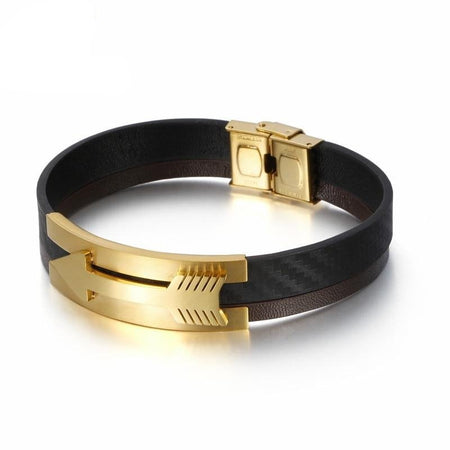 Bracelet homme acier doré et cuir noir texturé orné d'une flèche gravée symbolique