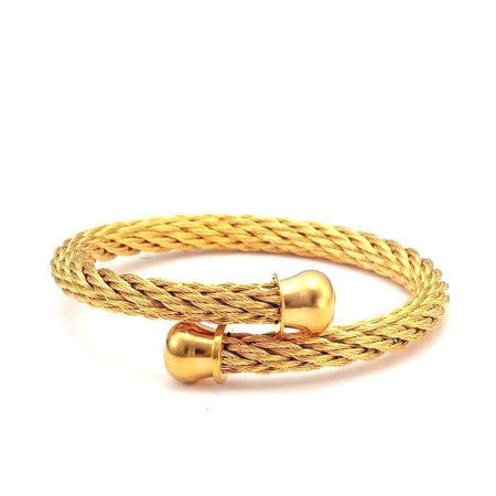 Bracelet homme acier inoxydable jonc torsadé fils entrelacés embouts lisses finition dorée