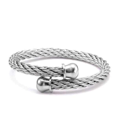 Bracelet homme acier inoxydable jonc torsadé fils entrelacés embouts lisses finition argentée