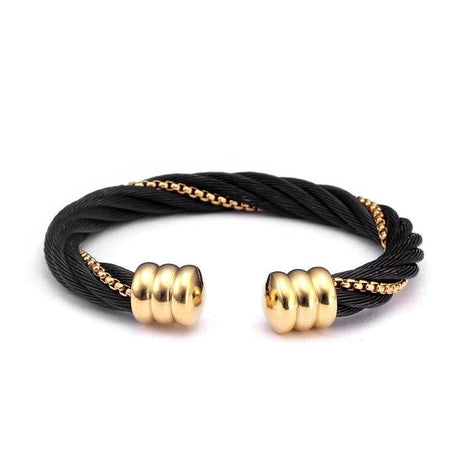 Bracelet homme acier noir torsades entrecroisées terminaisons dorées jonc ajustable