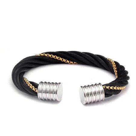Bracelet homme acier noir torsades entrecroisées terminaisons argentées jonc ajustable