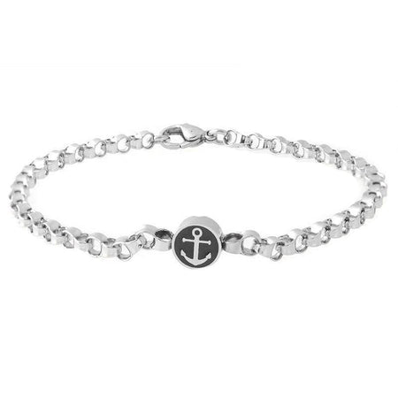 Bracelet homme ancre marine argent avec chaîne brillante et motif nautique contrasté argenté noir