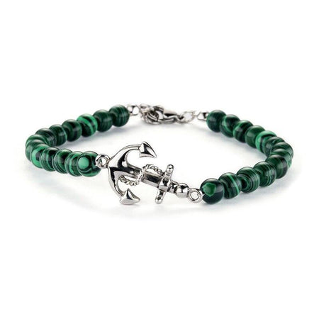 Bracelet homme ancre marine argentée avec double rangée de perles vertes marbrées et fermoir métallique