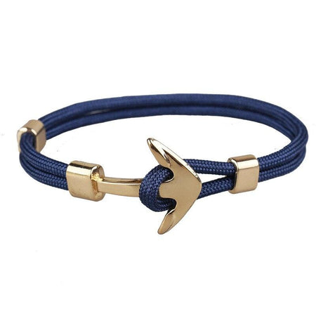 Bracelet homme cordon bleu marine avec ancre dorée et passants métalliques brillants