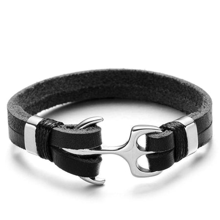 Bracelet homme cuir noir double bande avec fermoir ancre métallique argenté style maritime